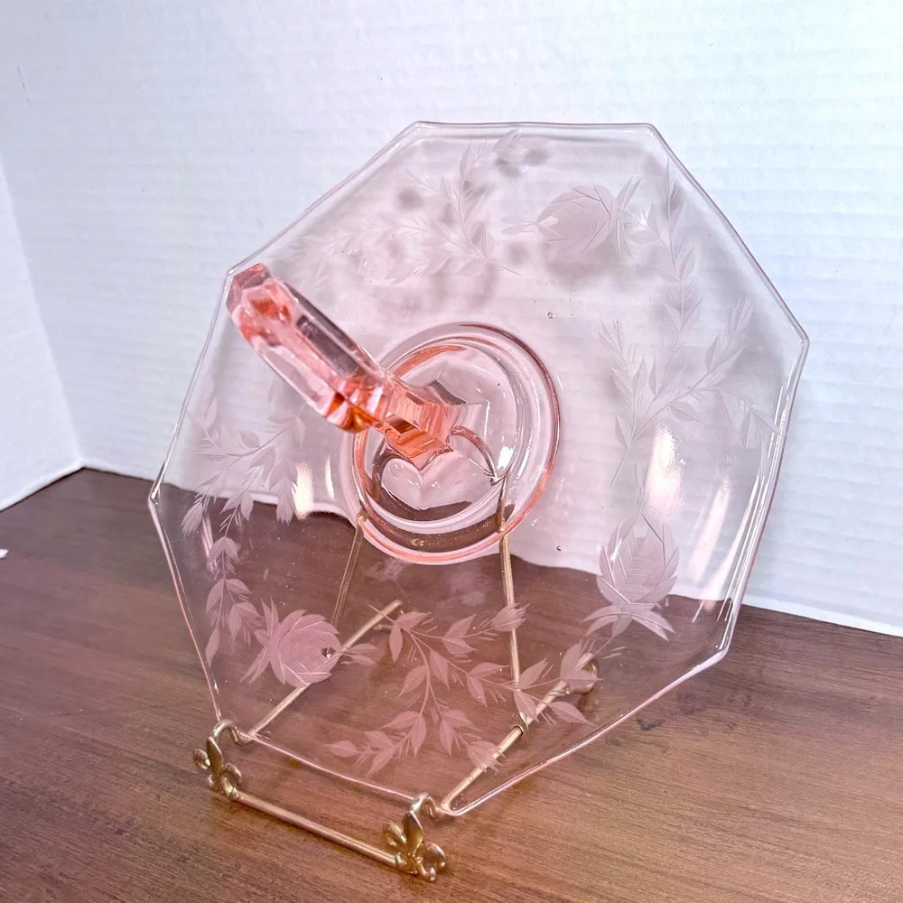 Vintage Pink Depression Glass Sandwich Server Dessert Tray Curved Handle -No Dmg